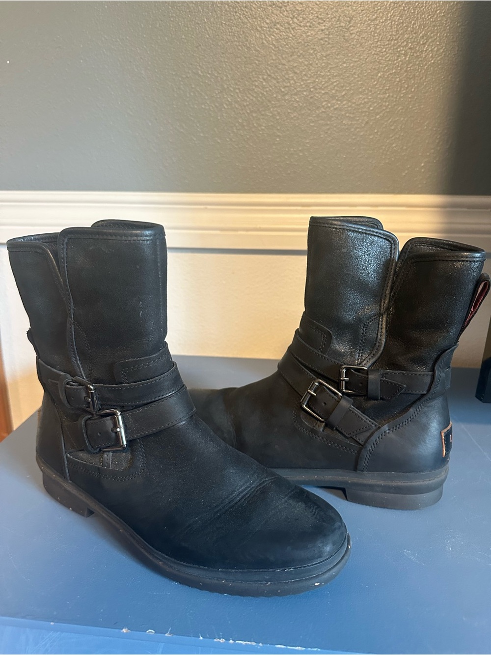 UGG Black Leather Ankle Boots with Pink and Purple Lining